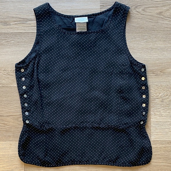 Laura Ashley Tops - Laura Ashley Silk Polka Dot Tank Top Button Detail Black White Blouse Size 8